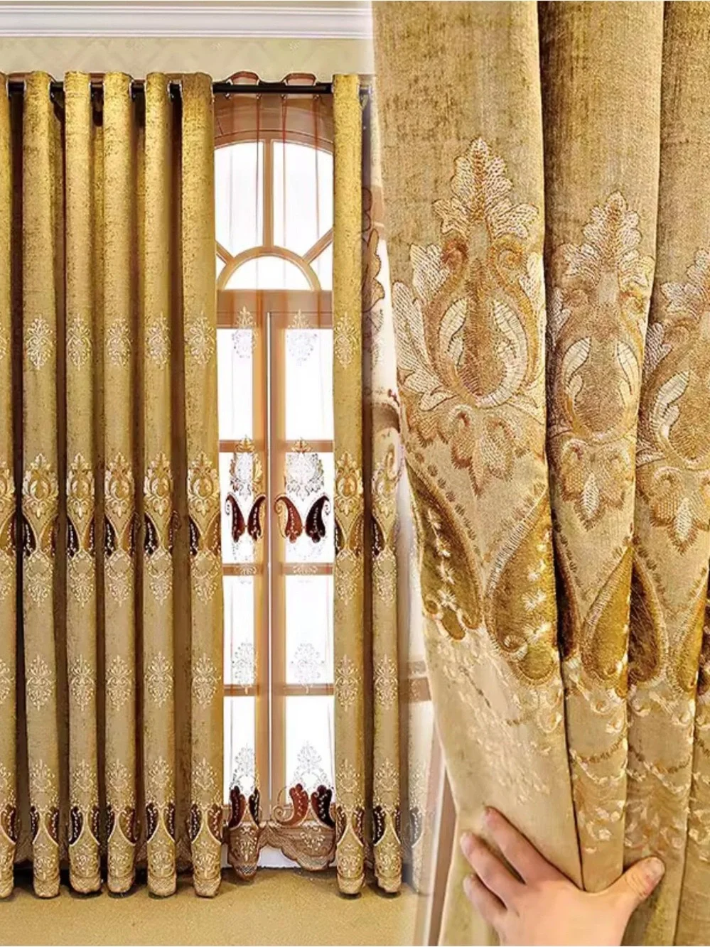 European Luxury Gold Embroidered 3-Piece Curtain Set